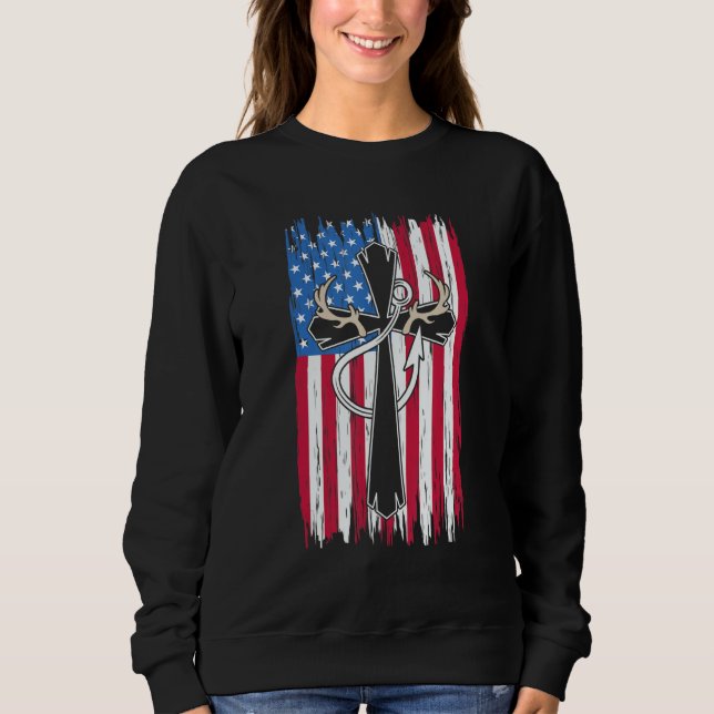 Deer Hunting Hunter  Us Flag Deer Hunting & Fishin Sweatshirt (Front)