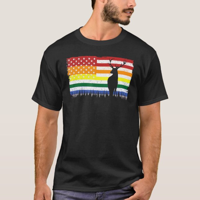 Deer Hunting LGBT Gay Lesbian US American Flag Rai T-Shirt (Front)