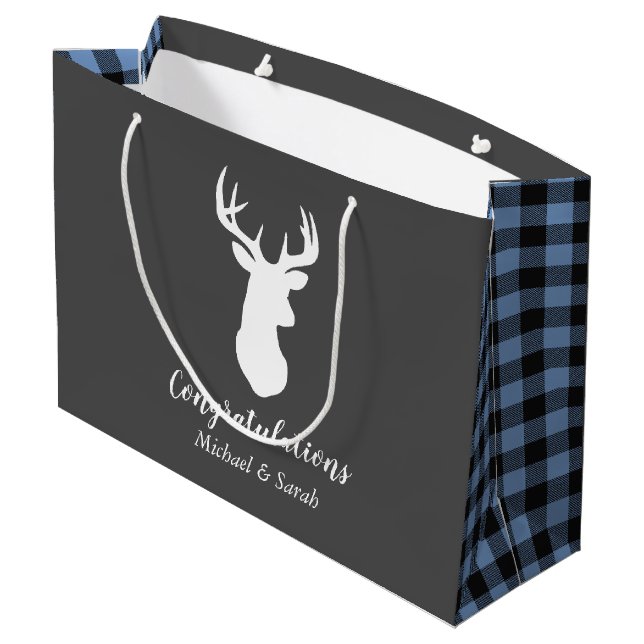 Deer Hunting Lodge Baby Shower Antlers Boy Blue Large Gift Bag (Back Angled)