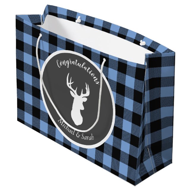 Deer Hunting Lodge Baby Shower Antlers Boy Blue Large Gift Bag (Back Angled)