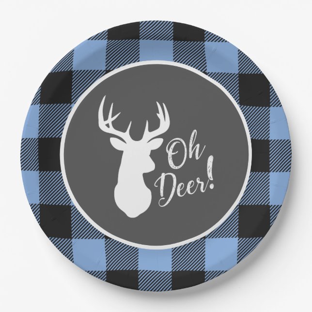 Deer Hunting Lodge Baby Shower Antlers Boy Blue Paper Plate (Front)