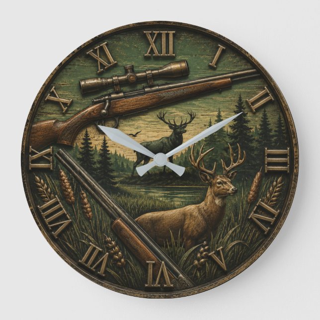 Deer Hunting  Rustic Rifle & Whitetail Buck  Large Clock (Front)