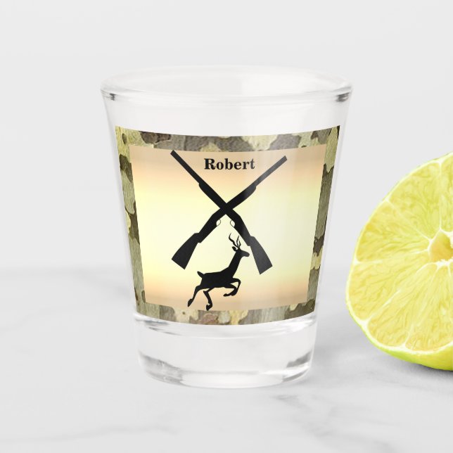 Deer Hunting Silhouette Camo Trim Personalised Shot Glass (Front)