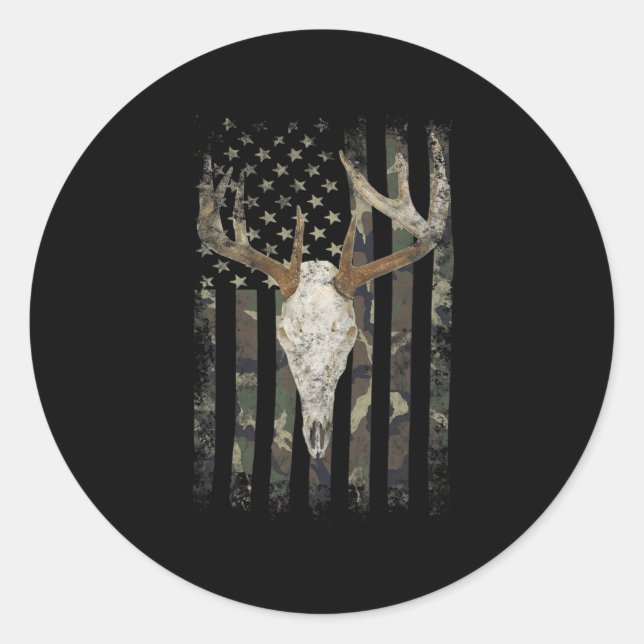Deer Hunting Skull American Camo USA Flag Whitetai Classic Round Sticker (Front)