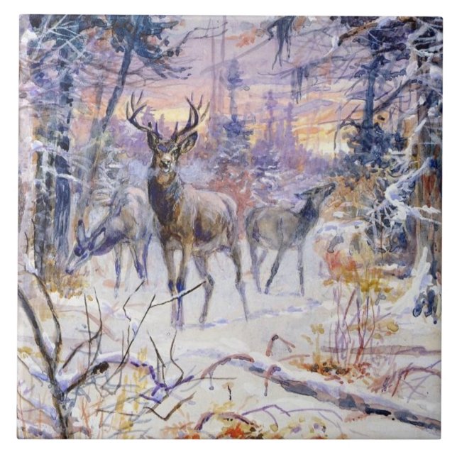 Deer in a Snowy Forest (Winter Season) Ceramic Tile (Front)