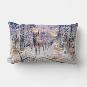 Deer in a Snowy Forest (Winter Season) Lumbar Cushion
