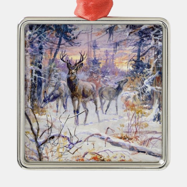 Deer in a Snowy Forest (Winter Season) Metal Ornament (Front)