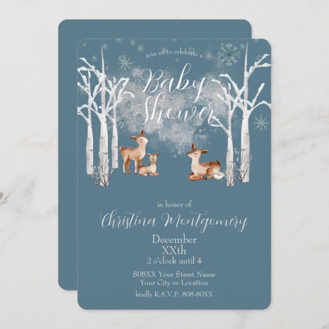Deer in a White Winter Forest on Blue Invitation (Front/Back)