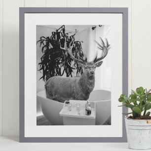 Deer in Bathtub Black White Bathroom art Poster