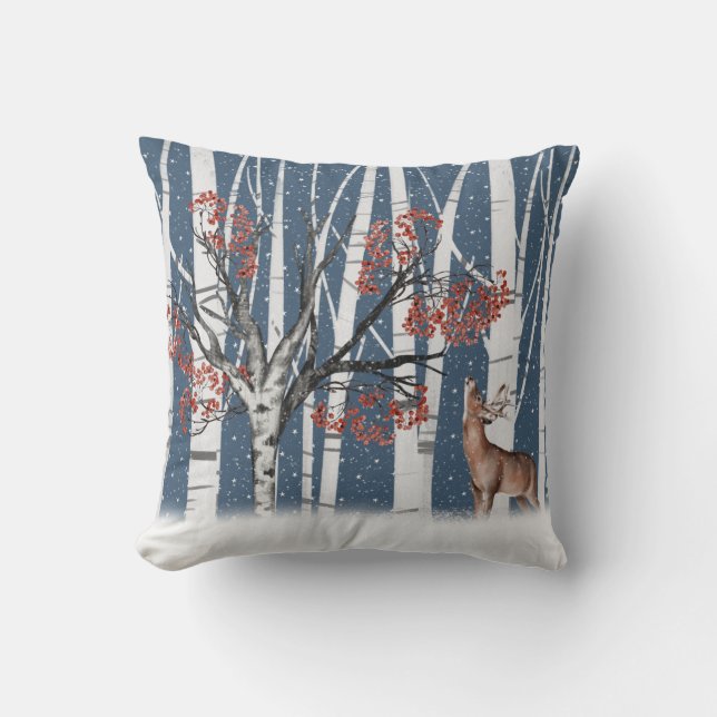 Deer In Birch Tree Forest Cushion (Front)