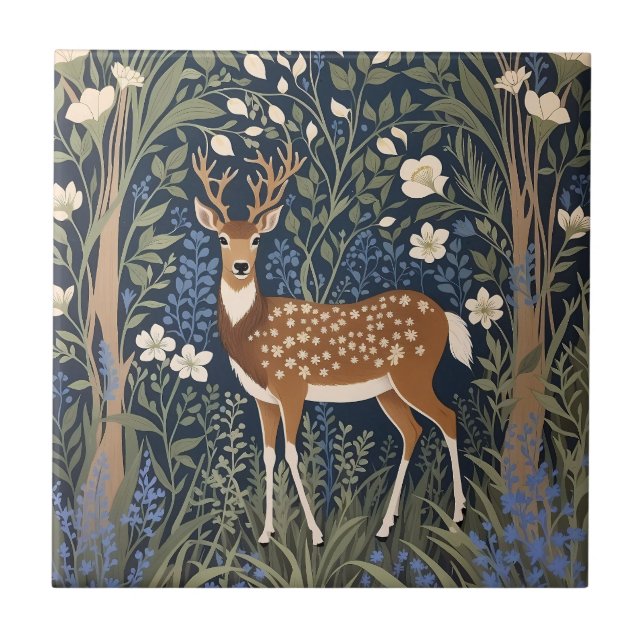 Deer In Bluebell Forest William Morris Inspired Ceramic Tile (Front)