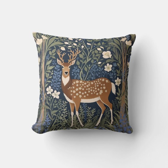 Deer In Bluebell Forest William Morris Inspired Cushion (Front)