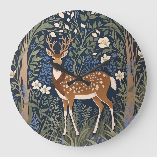 Deer In Bluebell Forest William Morris Inspired Large Clock (Front)
