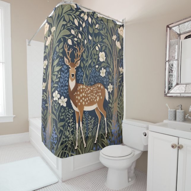 Deer In Bluebell Forest William Morris Inspired Shower Curtain (In Situ)