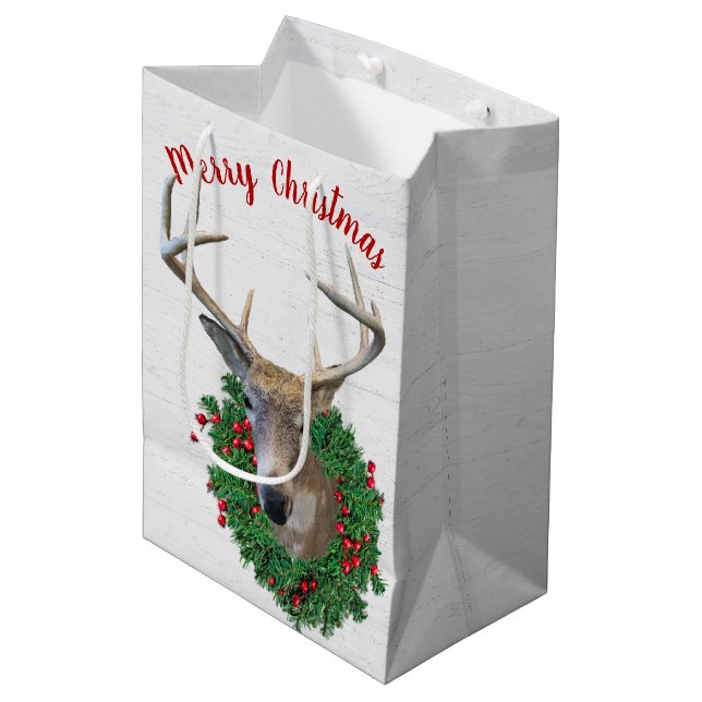 Deer In Christmas Wreath On Wood Medium Gift Bag (Front Angled)