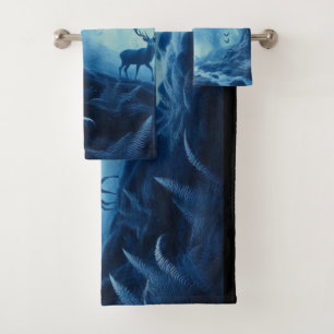 Deer in Dark Forest of Blue Haze Bath Towel Set
