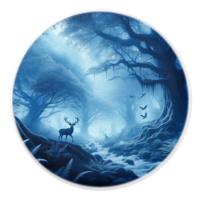 Deer in Dark Forest of Blue Haze Ceramic Knob (Front)