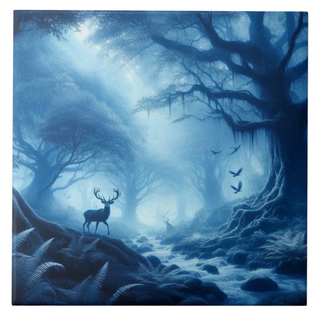 Deer in Dark Forest of Blue Haze Ceramic Tile (Front)
