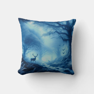 Deer in Dark Forest of Blue Haze Cushion
