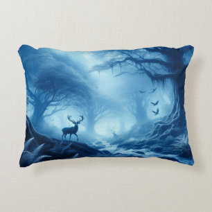 Deer in Dark Forest of Blue Haze Decorative Cushion