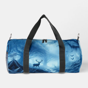Deer in Dark Forest of Blue Haze Duffle Bag