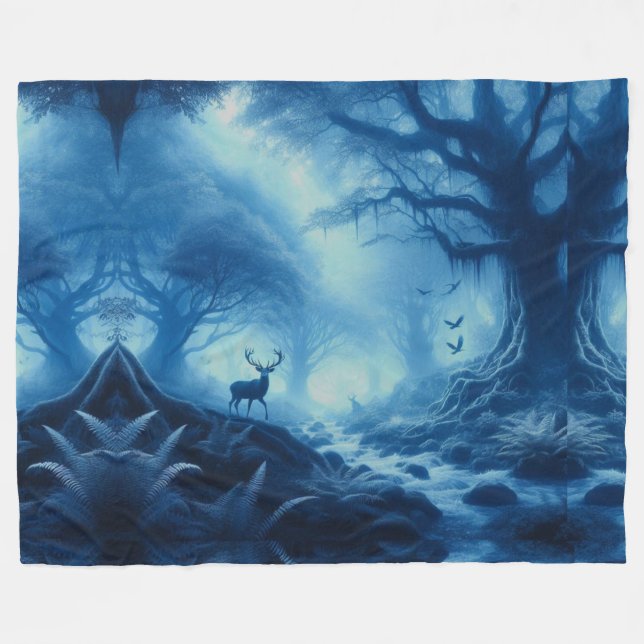 Deer in Dark Forest of Blue Haze Fleece Blanket (Front (Horizontal))