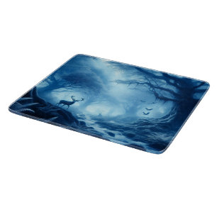 Deer in Dark Forest of Blue Haze Glass Cutting Board