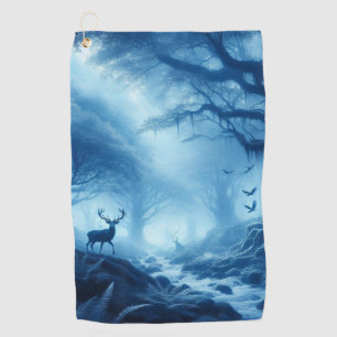 Deer in Dark Forest of Blue Haze Golf Towel