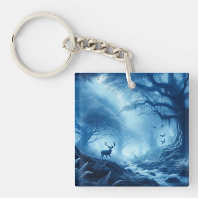 Deer in Dark Forest of Blue Haze Key Ring (Front)