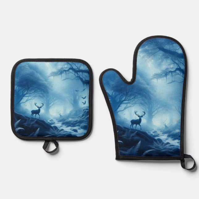 Deer in Dark Forest of Blue Haze Oven Mitt & Pot Holder Set (Front)