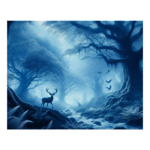 Deer in Dark Forest of Blue Haze Poster