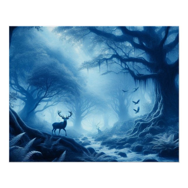 Deer in Dark Forest of Blue Haze Poster (Front)