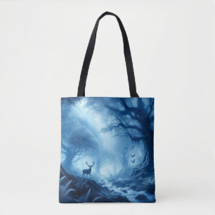 Deer in Dark Forest of Blue Haze Tote Bag