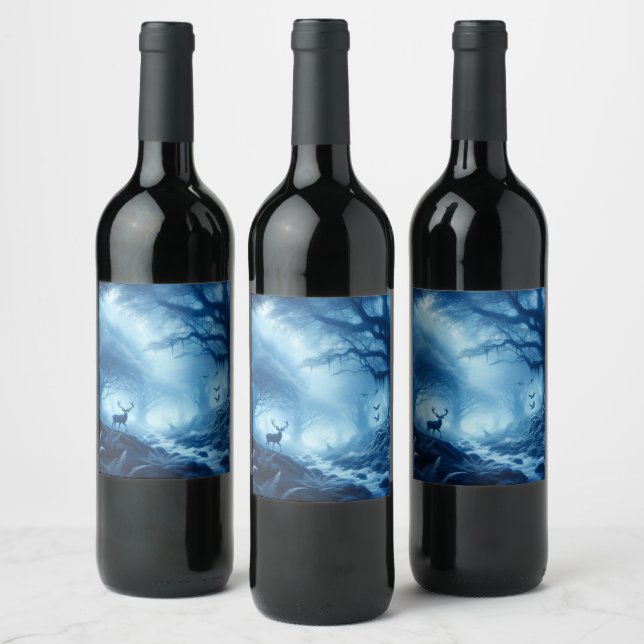 Deer in Dark Forest of Blue Haze Wine Label (Bottles)