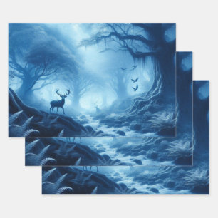 Deer in Dark Forest of Blue Haze Wrapping Paper Sheet