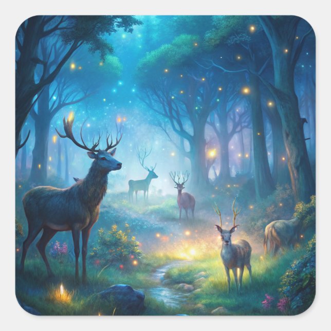 Deer in Enchanted Forest Square Sticker (Front)