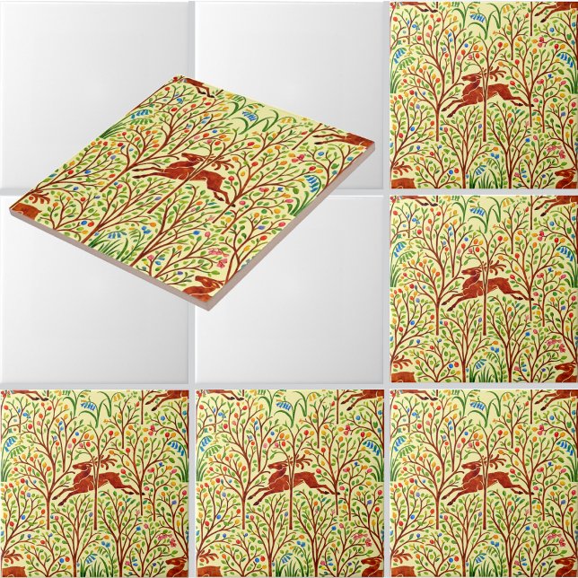 Deer In Forest Retro Art Nouveau Pattern by Voysey Ceramic Tile (Creator Uploaded)