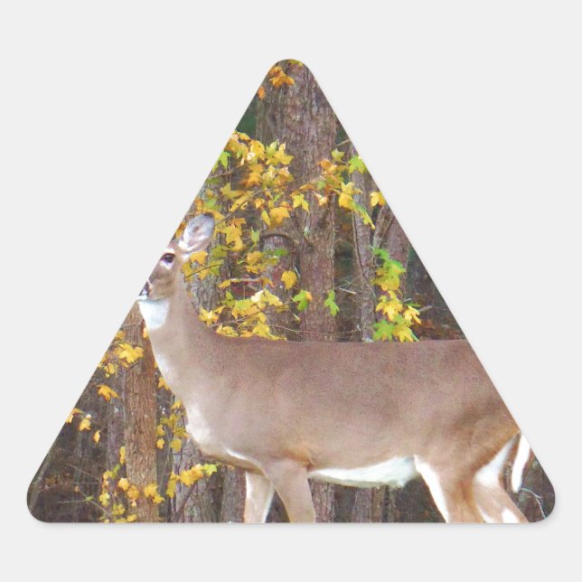Deer in Front of Yellow Autumn Tree Triangle Sticker (Front)