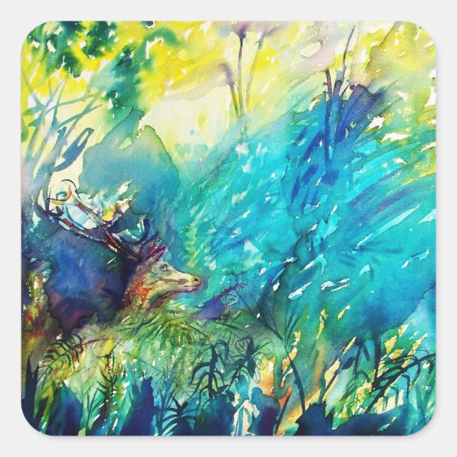DEER IN GREEN WOODLAND SQUARE STICKER (Front)