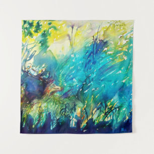 DEER IN GREEN WOODLAND TAPESTRY