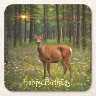 Deer in Magical Forest Square Paper Coaster