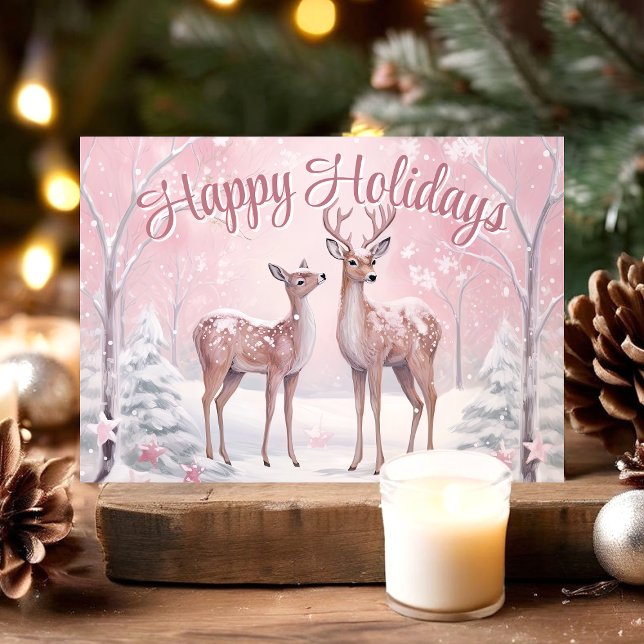 Deer in Pink Winter Forest Happy Holidays Holiday Card (Creator Uploaded)