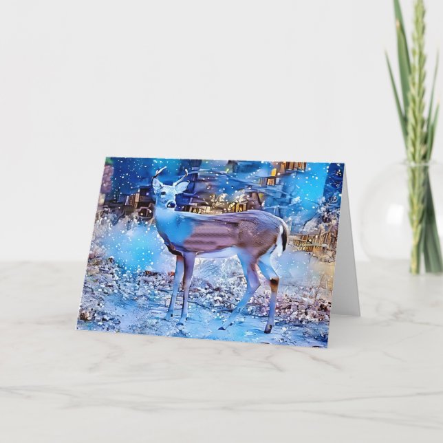Deer in Snow City Artsy Note Card (Front)