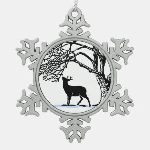Deer in Snow Snowflake Pewter Christmas Ornament