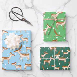 Deer in Snow Wrapping Paper Flat Sheet Set of 3
