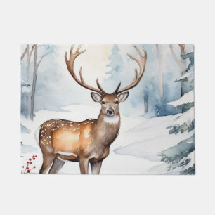Deer In Snowy Forest Christmas Trees Watercolor Doormat
