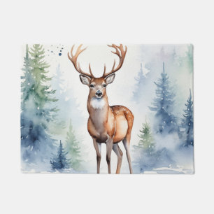 Deer In Snowy Forest Christmas Trees Watercolor Doormat