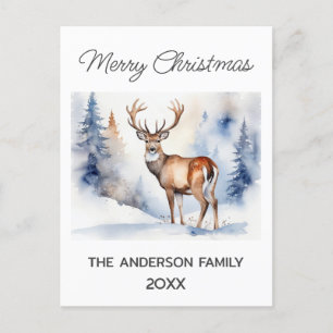 Deer In Snowy Forest Christmas Trees Watercolor Postcard