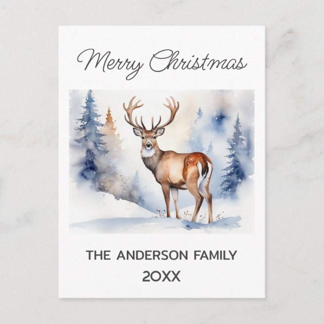 Deer In Snowy Forest Christmas Trees Watercolor    Postcard (Front)