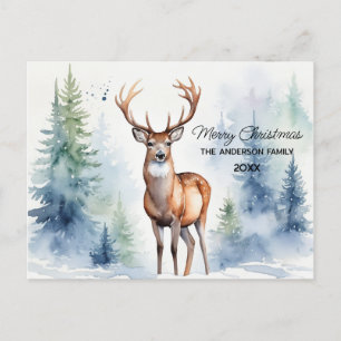 Deer In Snowy Forest Christmas Trees Watercolor Postcard